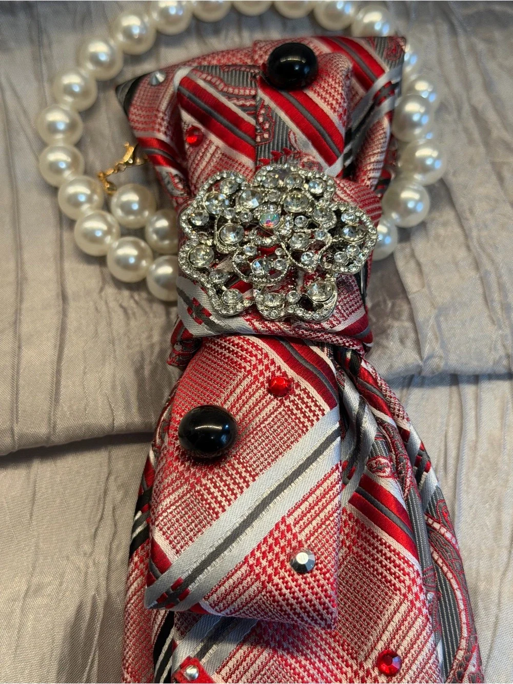 Embellished Statement Tie Necklace Set Red Rhinestone Pearl Wearable Art